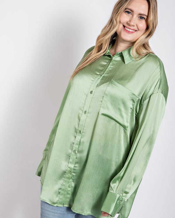 Plus Size Silky Sage Green or Ivory Button Down Long Sleeve Collared Blouse