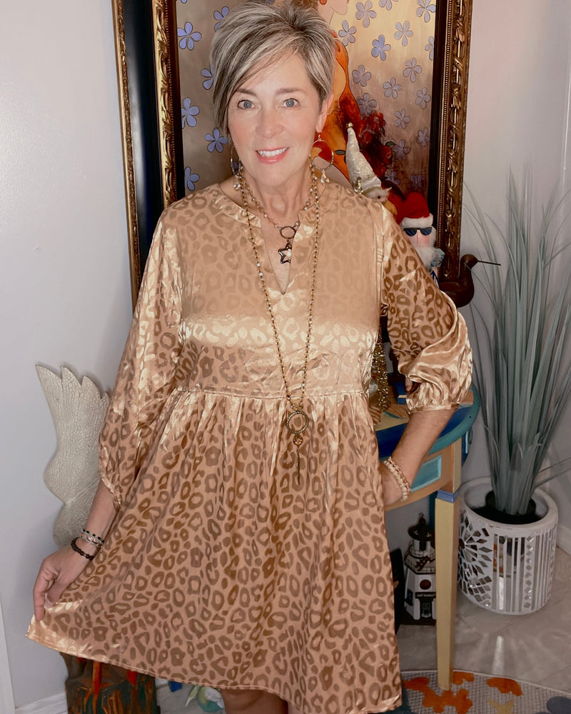 Bronze Copper Satin Leopard Long Sleeve Open Neck Dress