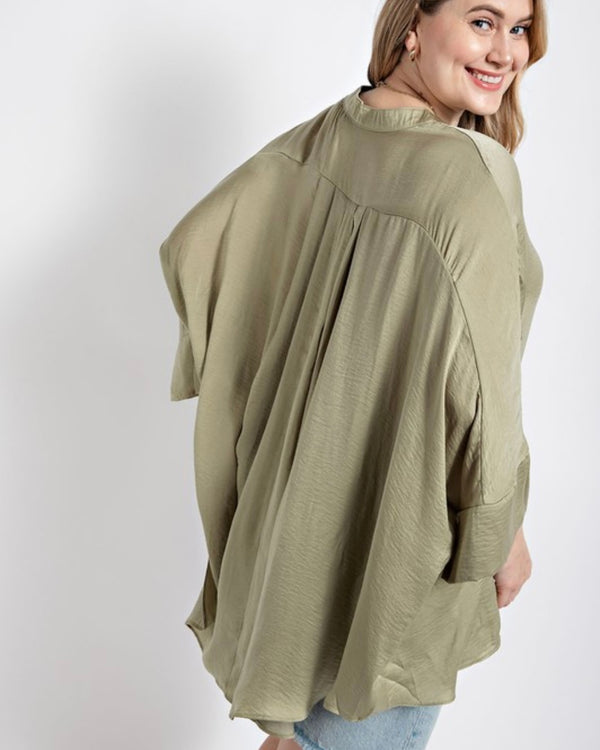 Sage Olive Green Washed Satin Button Front Hi-Lo 3/4 Sleeve Top