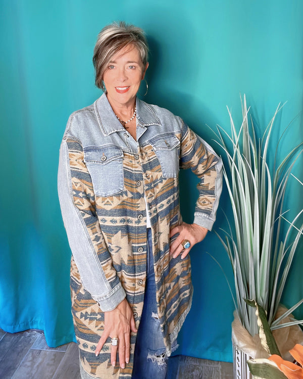 Aztec & Denim Mix Button Down Long Sleeve Long Jacket Shirt