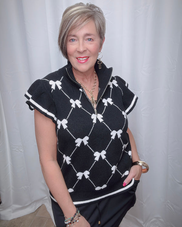 Black w/White Bow Zip Neck Ruffle Cap Sleeve Knit Sweater Vest Top