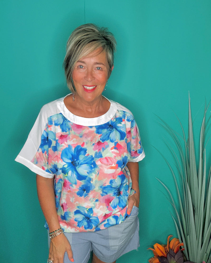 Blue & Pink w/White Trim Brushstroke Bloom Floral Short Sleeve Top