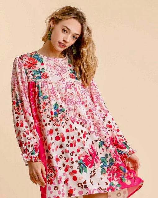 White & Rose Pink Multi Mix Media Floral & Leopard Print Long Sleeve Spring Dress