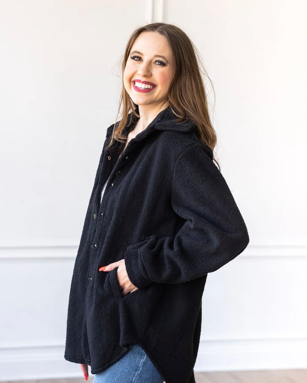 Black, Ivory or Camel Oversized Long Sleeve Button Front Sherpa Shacket