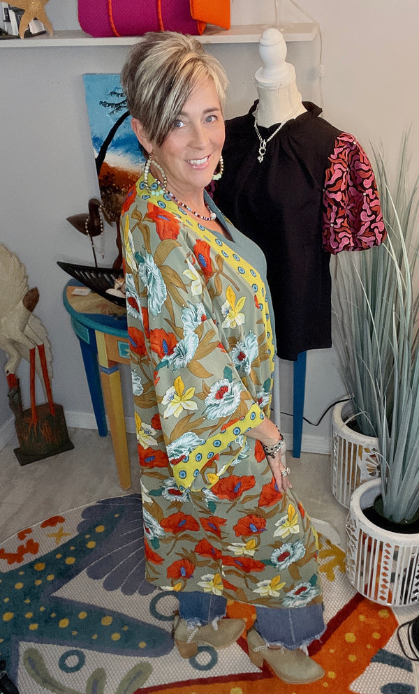 Green w/Red Floral Print and Contrast Trim Lightweight Open Front Kimono