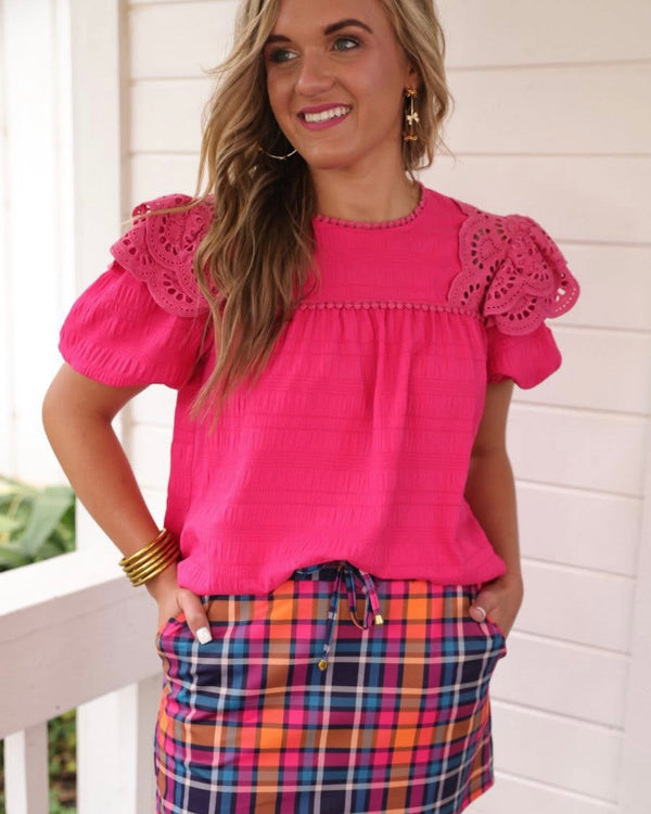 Blue, Pink & Orange Plaid Pocket Skort