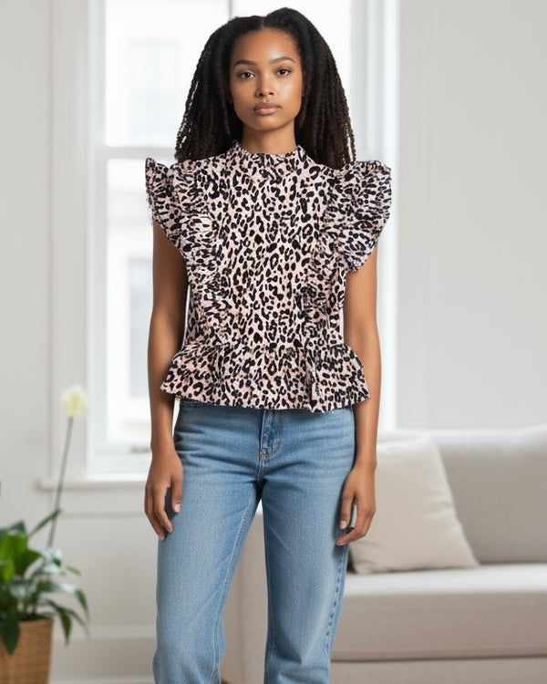 Cream & Black Leopard Mock Neck Ruffle Cap Sleeve Peplum Blouse Top