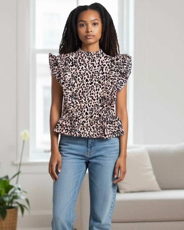 Cream & Black Leopard Mock Neck Ruffle Cap Sleeve Peplum Blouse Top