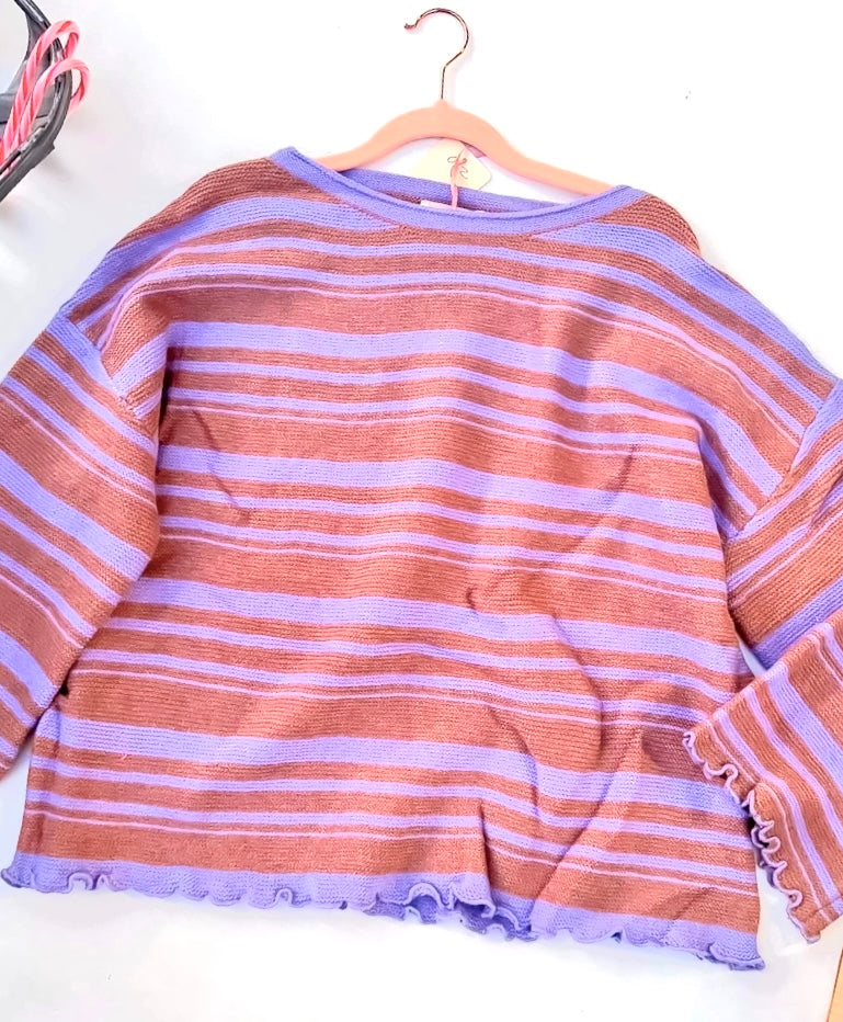 Purple Brown Striped Round Neck Lettuce Hem Detail Sweater Top