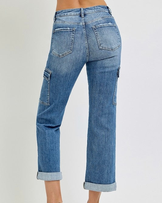 Risen RDP5659 High Rise Crop Straight Cargo Side Pocket Roll Up Denim Jeans