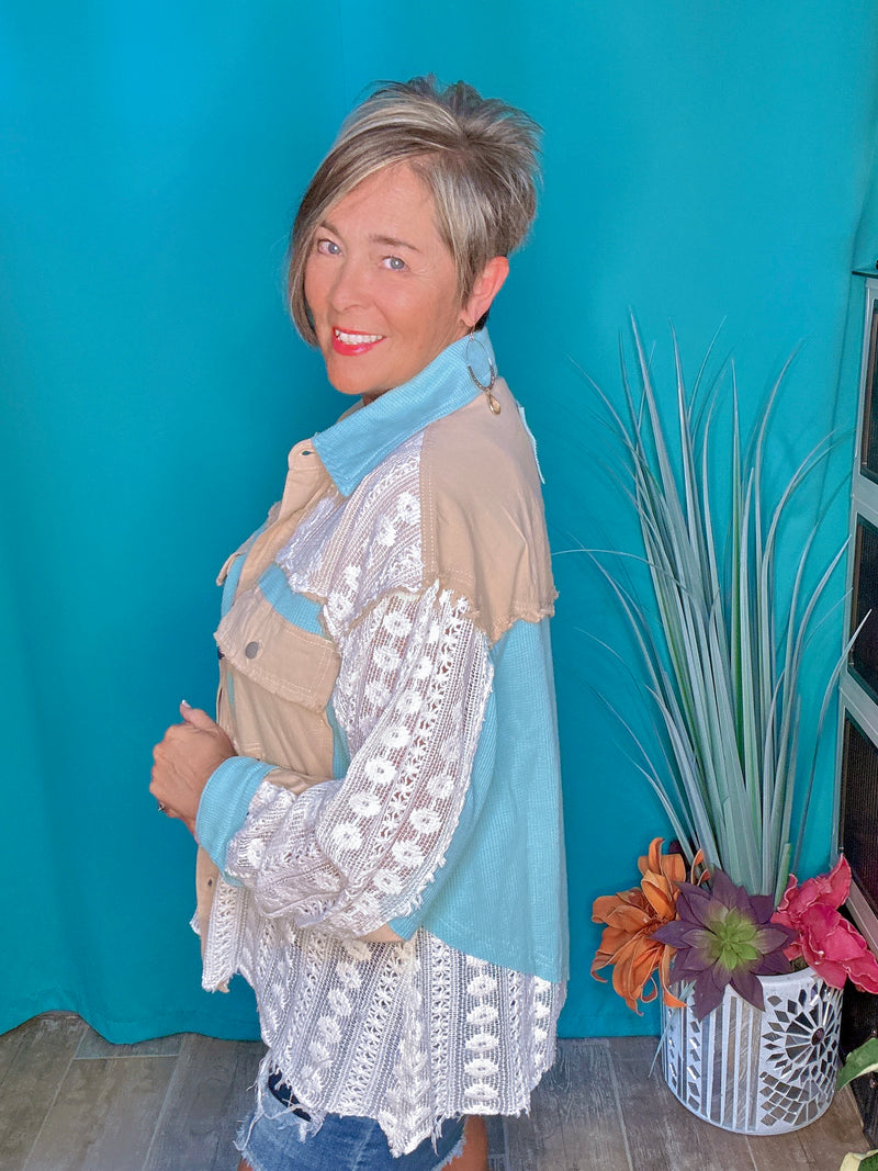 Aqua Teal Boho Button Down Thermal Crocket Mix Fabric Fray Edge Long Sleeve Oversized Shirt Jacket