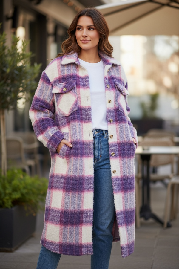 Purple, Blue & White Plaid Duster Long Wool Flannel Open Front Coat Shacket