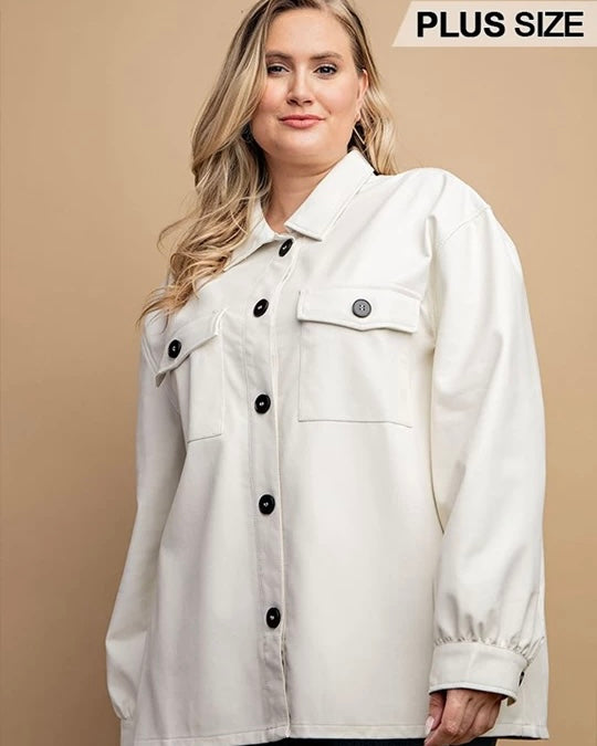 Plus Size White Faux Leather Button Down Side Pockets Jacket