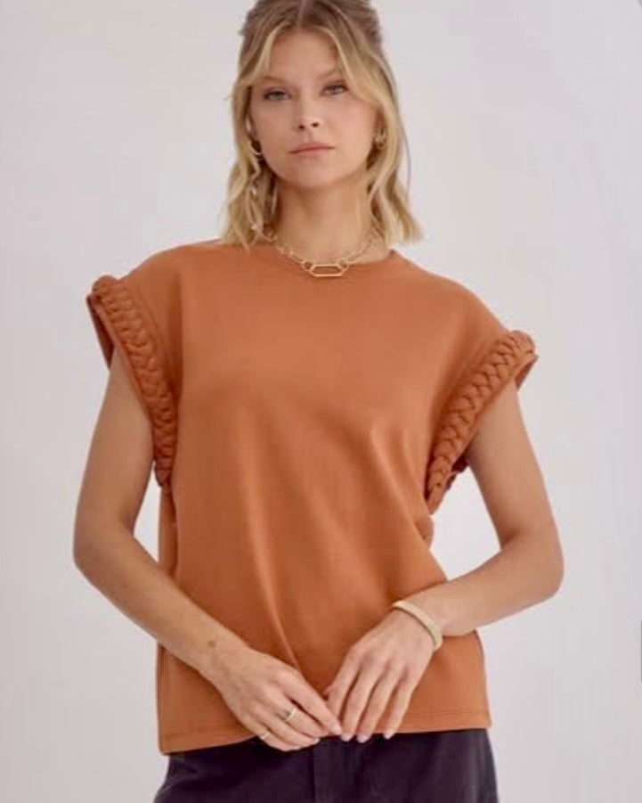 Spice Rust Short Braided Sleeve Round Neck Top