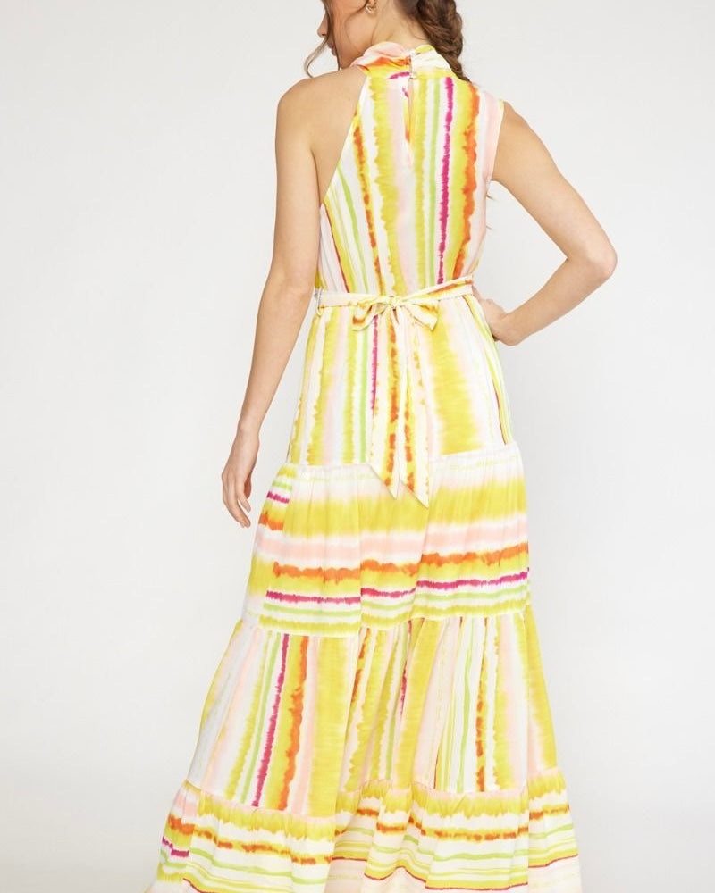 Yellow White Stripe with Red Halter Neck Maxi Sundress