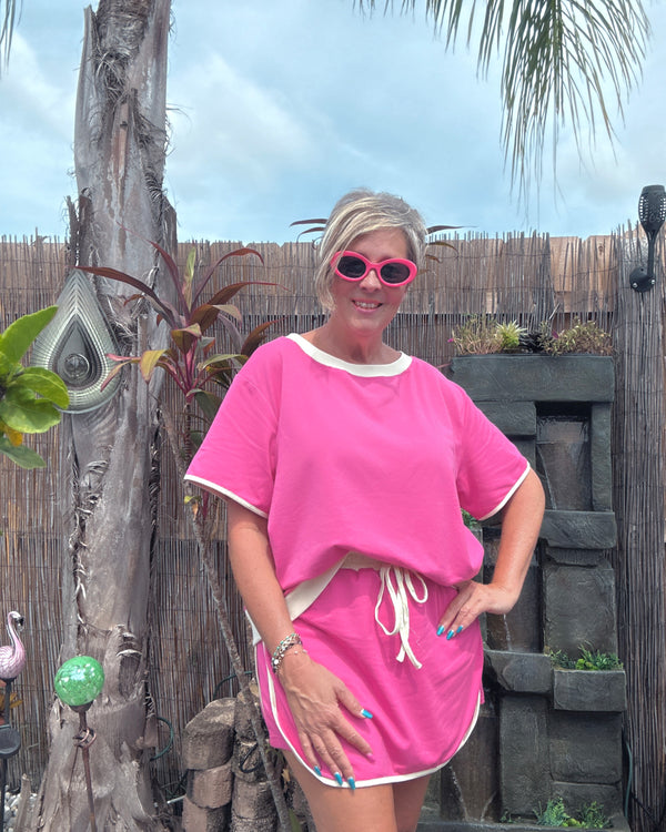 Solid Pink w/Cream Trim 2 Pc Skort & Short Sleeve Top Set