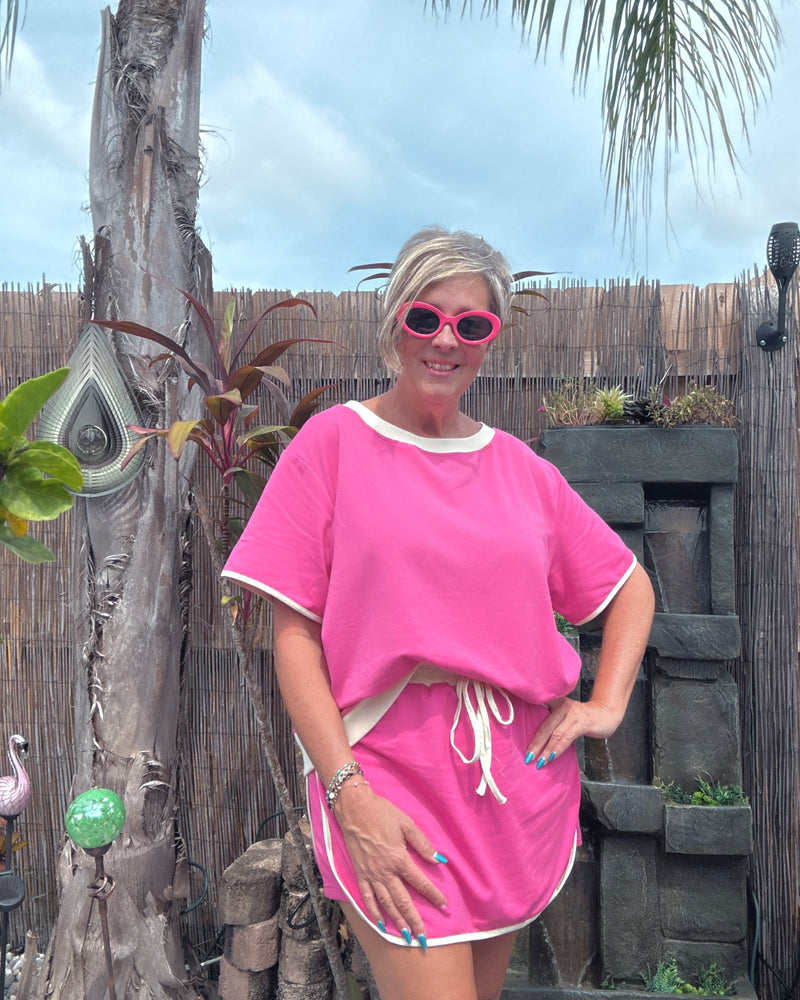 Solid Pink w/Cream Trim 2 Pc Skort & Short Sleeve Top Set