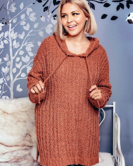 Plus Size Gray or Terra Cotta Camel Popcorn Knit Tunic Hoodie Sweater Top