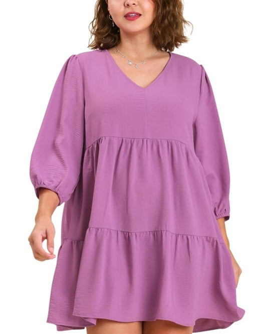Plus Size Purple VNeck Tiered 3/4 Sleeve Dress