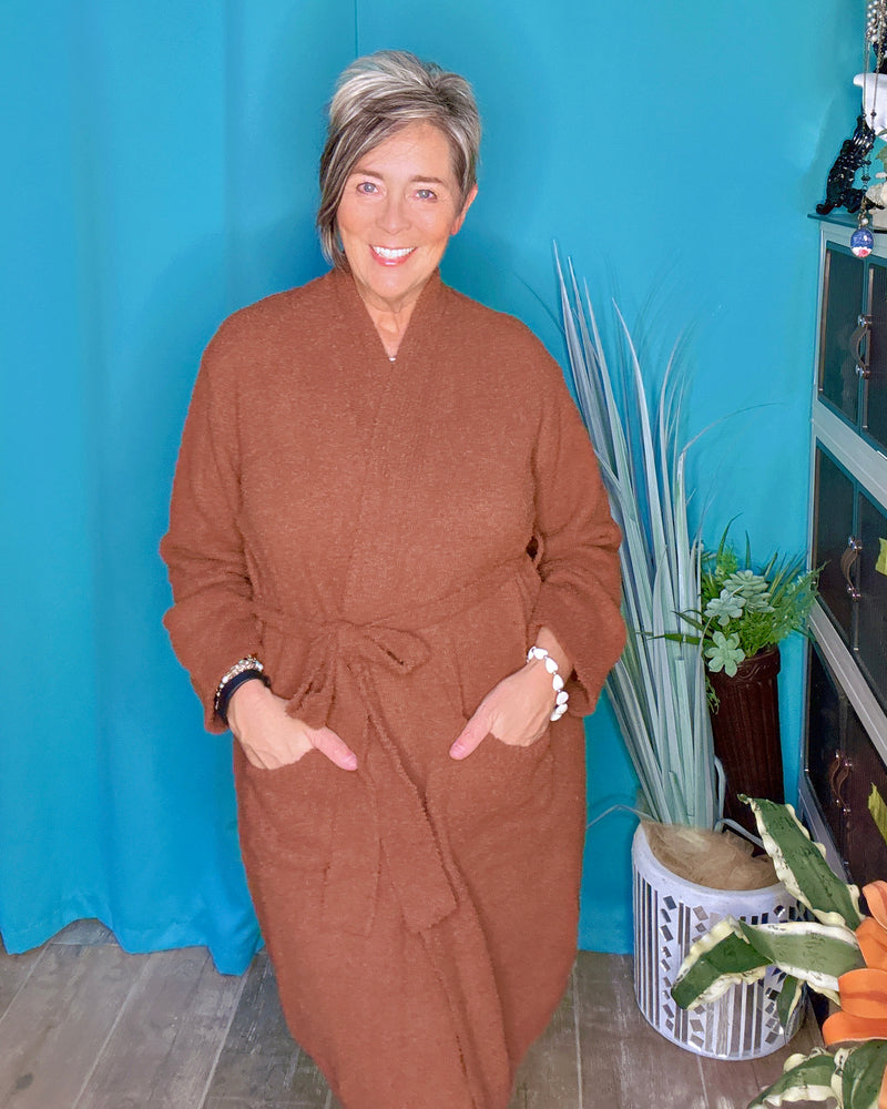 Super Soft Gray or Brown Open Front Self Tie Knee Length Bath Robe