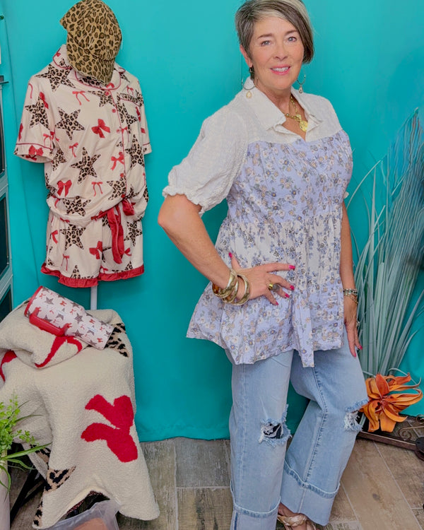 Light Blue & White Mix Floral 3/4 White Contrasting Puff Sleeve Button Down Top