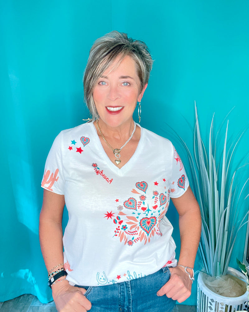 White Wild West T-Shirt Top with Western Cowgirl Flare Hearts