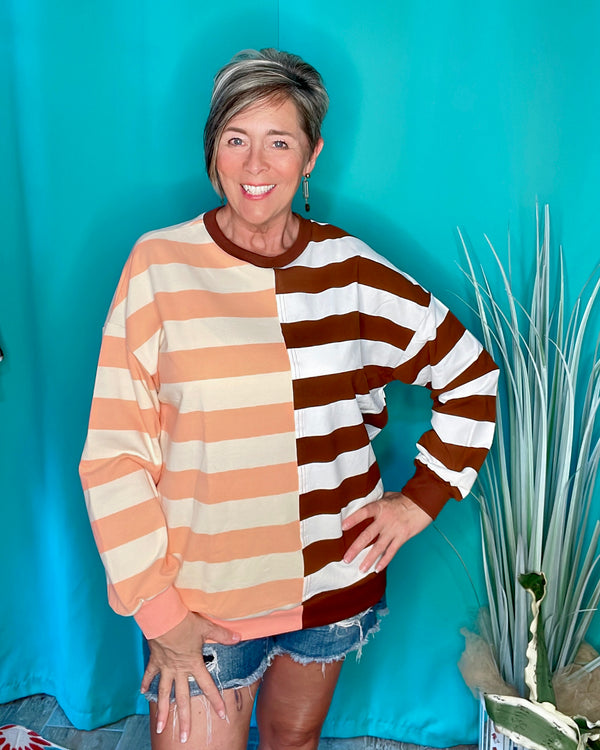 Brown & White w/Orange & Cream Bold Stripe Color Block Long Sleeve Pullover Top