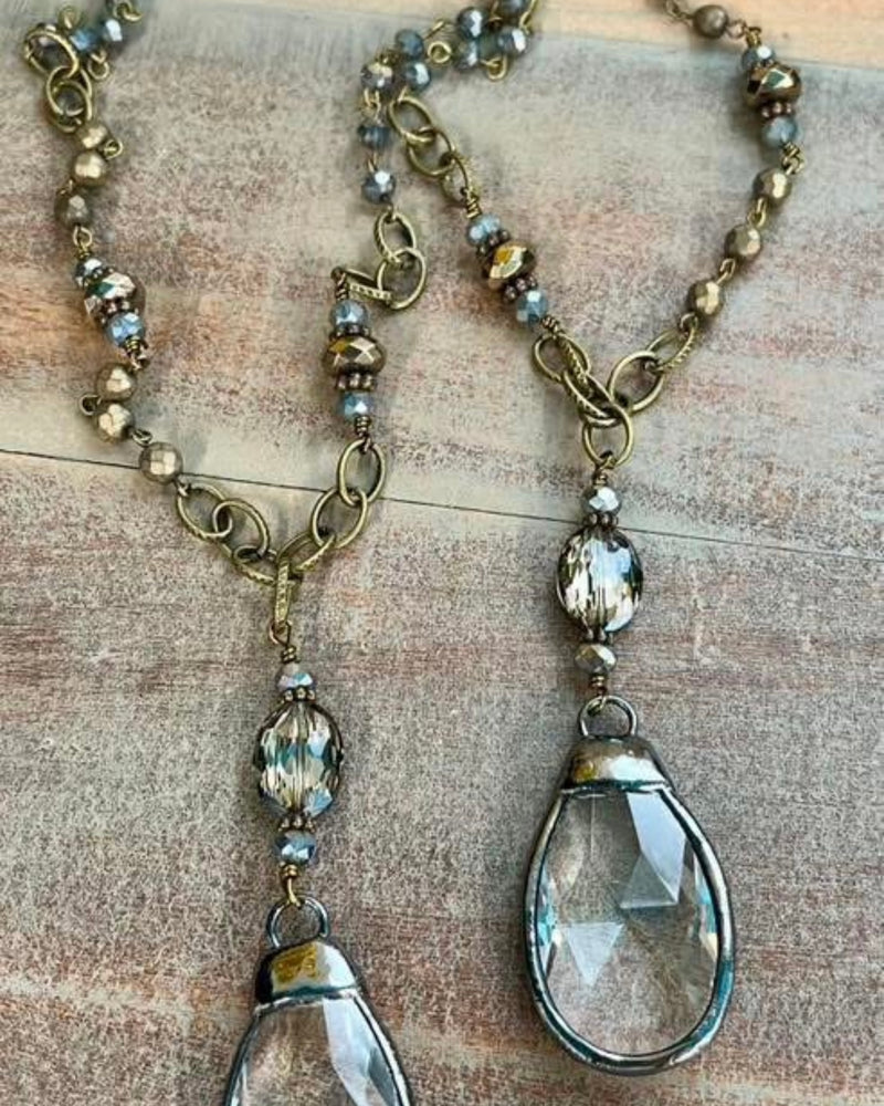 Vintage Style Neutral Gray Bead Necklace w/Gun Metal Line Chain & Crystal Drop Pendant