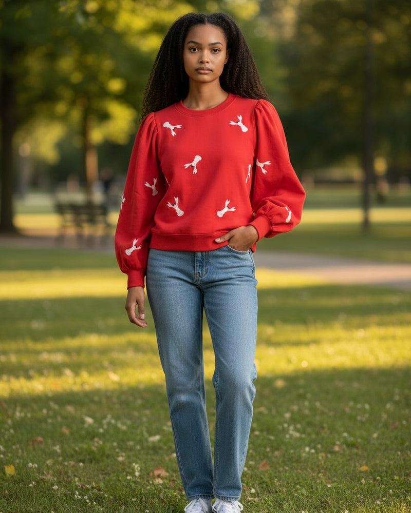 White or Red Lobster Embroidered Long Sleeve Sweatshirt Top