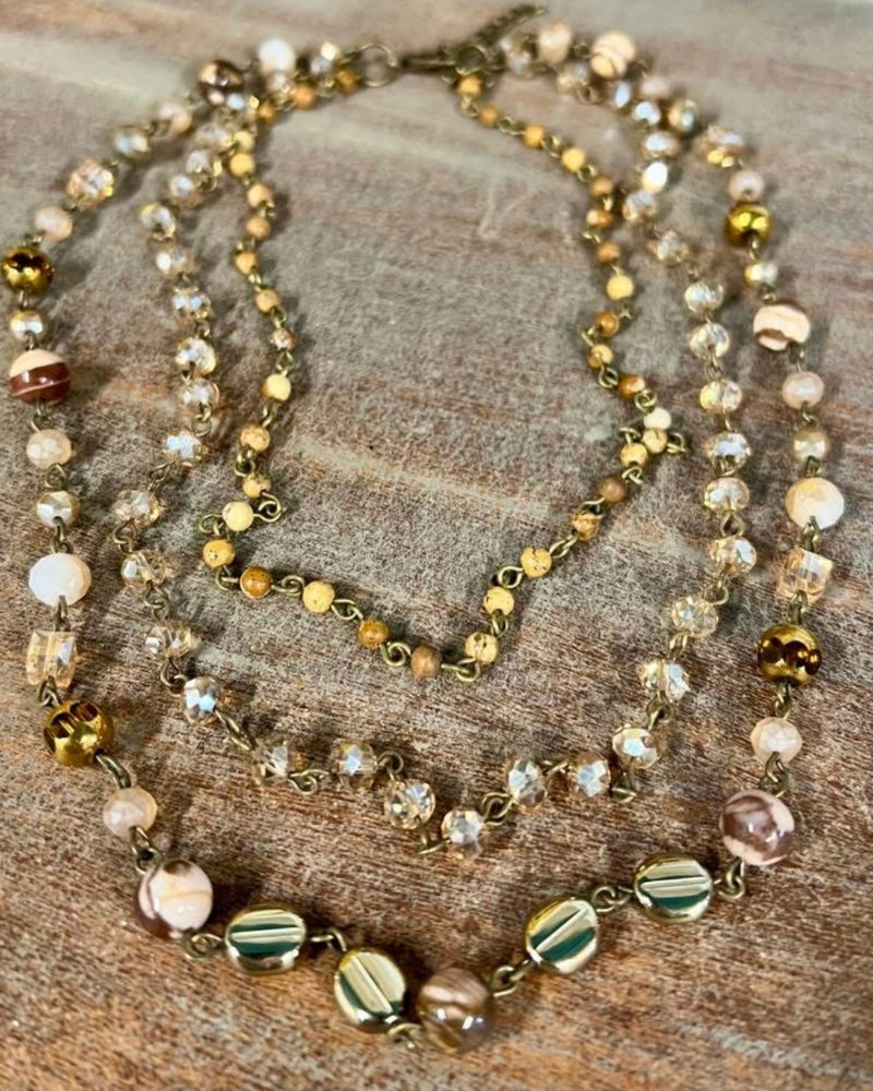 Neutral Brown Tone Triple Layer Brown, Clear & Gold Mix Beaded Necklace