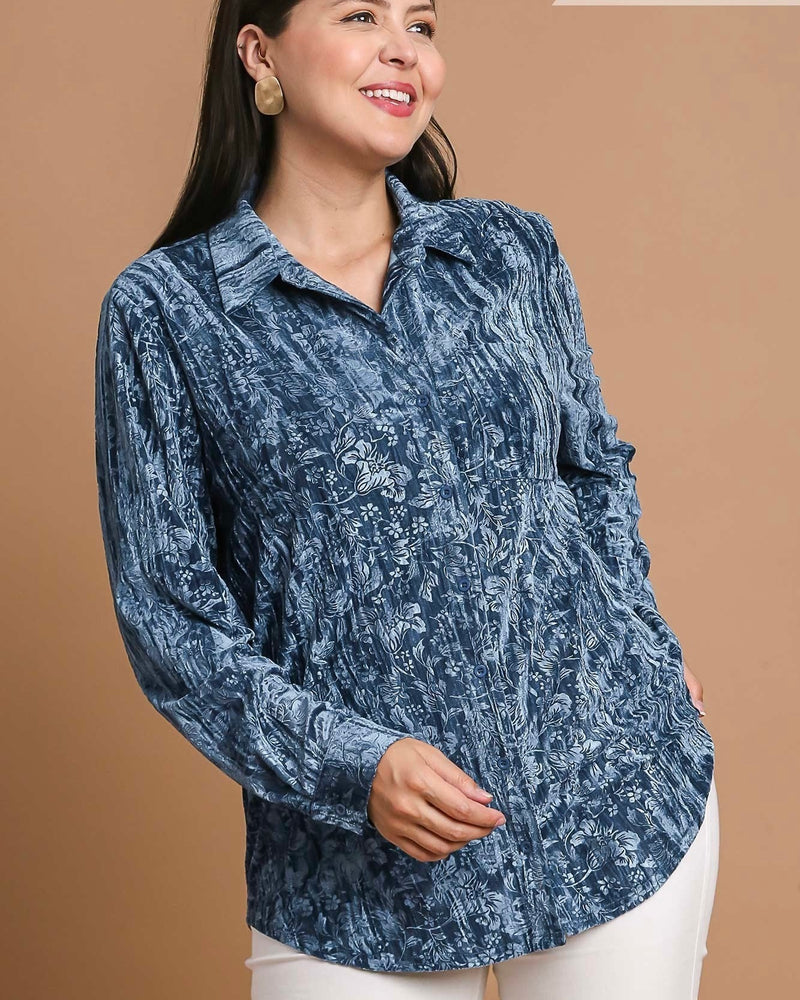 Blue or Gold Velvet Textured Embossed Button Down Long Sleeve Holiday Party Blouse