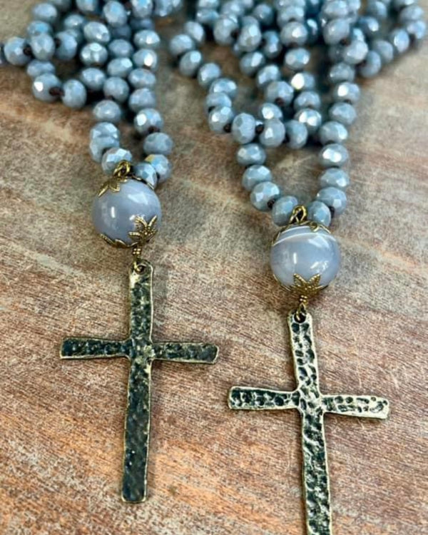 Sparkly Beaded Necklace with Small Gun Metal Cross Pendant