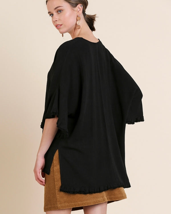 Plus Size Black Linen Blend VNeck Frayed Edge Hi/Lo Bell Sleeve Top