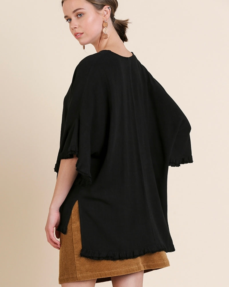 Plus Size Black Linen Blend VNeck Frayed Edge Hi/Lo Bell Sleeve Top