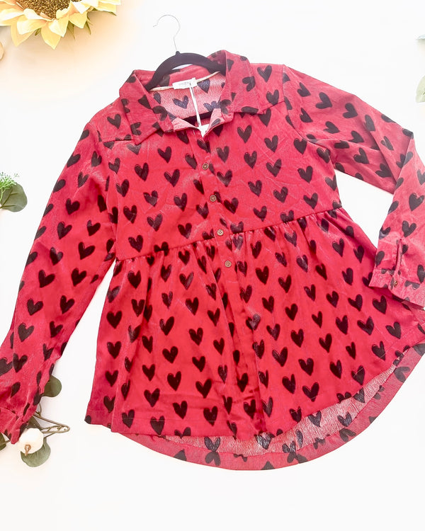 Brick Red Black Heart Hi Lo Corduroy Button Babydoll Top