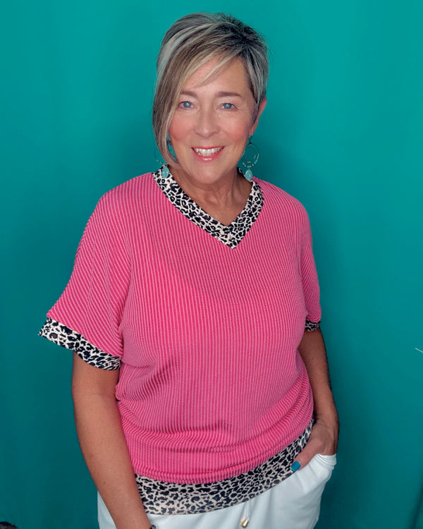 Pink Textured Leopard Trim Short Sleeve Top