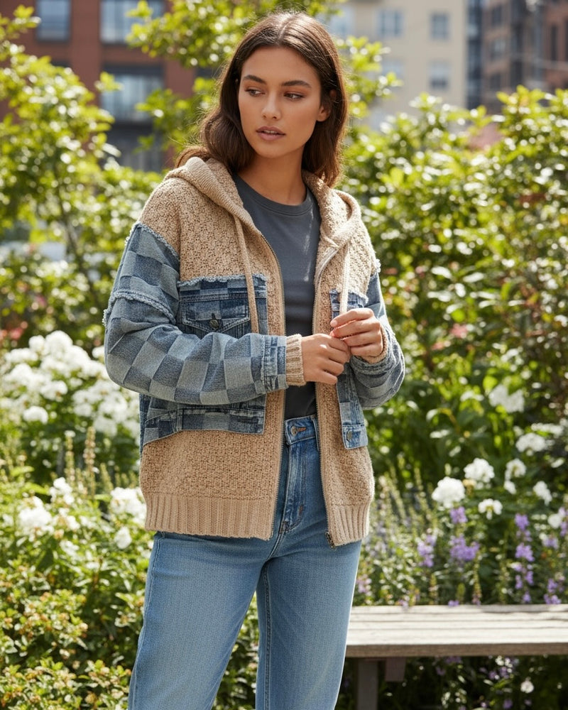 Plus Size Beige Chunky Sweater & Wash Checkered Denim Frayed Edge Long Sleeve Zip Front Hoodie Jacket