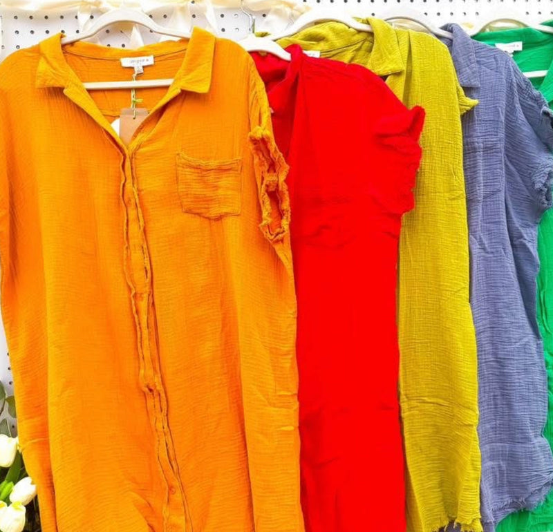 Plus Size Avocado Green, Golden Orange or Candy Pink Short Sleeve Gauze Button Down Freyed Dress