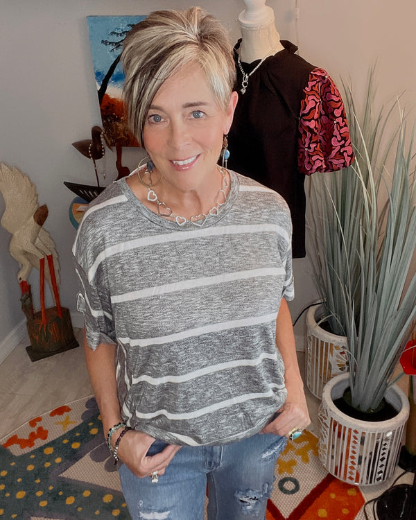 Soft Gray with White Stripe Short Sleeve T-Shirt Top