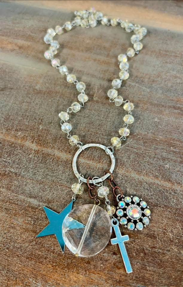 Clear Sparkle Beads Ring Charm Necklace