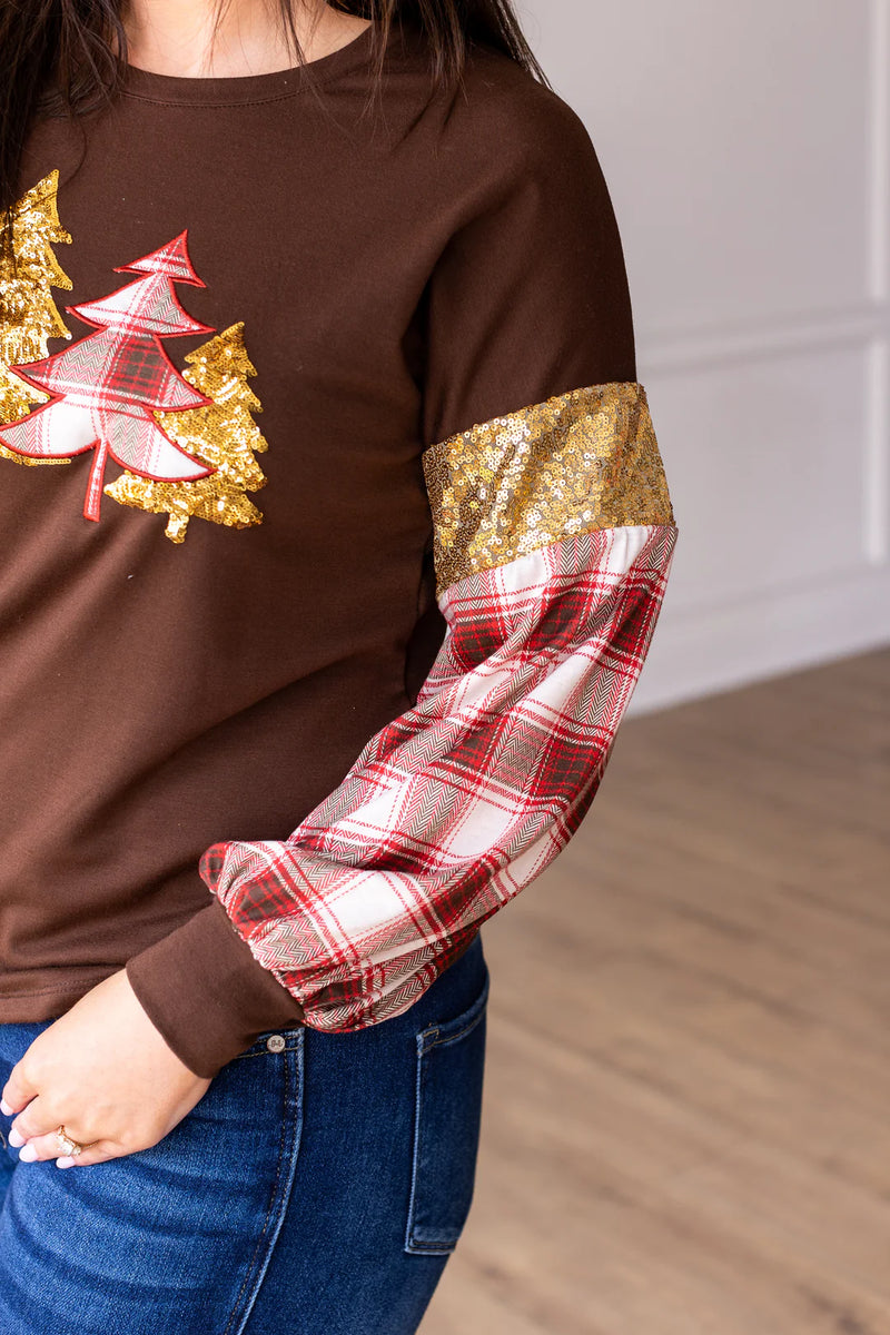 CMAS Brown Plaid Christmas Tree Sequin Long Sleeve Sweatshirt