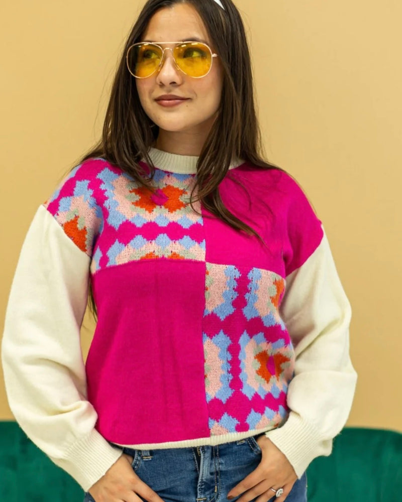 Pink & Cream Groovy Granny Square Block Crewneck Sweater