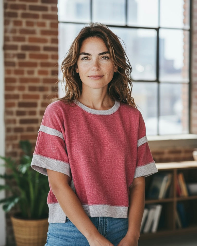 Green, Red or Black Short Sleeve Contrast Fabric Sweatshirt Top