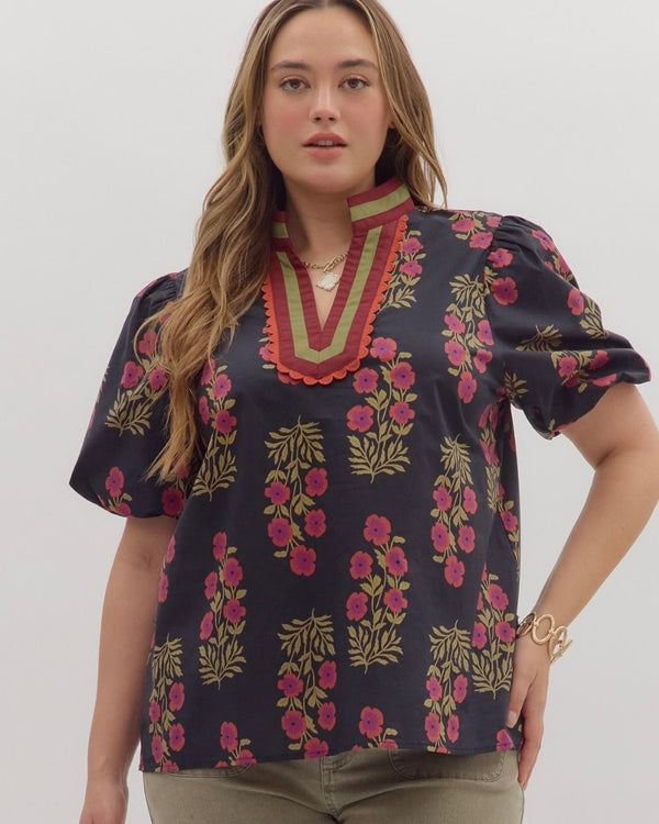 Black w/Red & Green Floral Print Short Puff Sleeve Open Neck Top