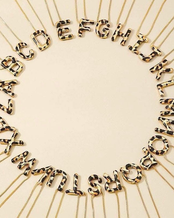 Cheetah Print Bubble Letter Gold Tone Necklace