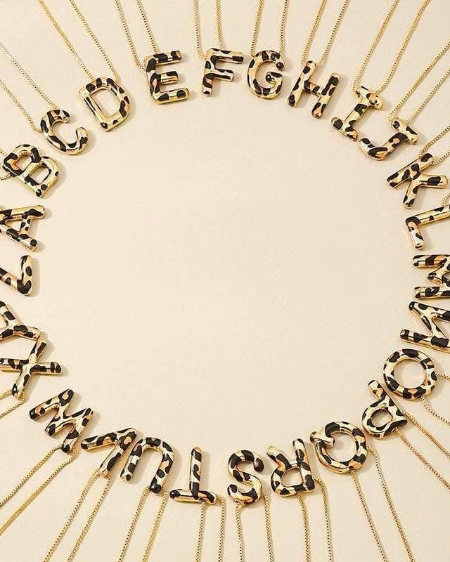 Cheetah Print Bubble Letter Gold Tone Necklace