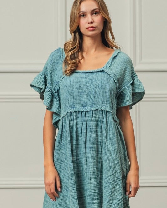 Green, Black or Pink Mineral Washed Square Neck Ruffle Short Sleeve Dress