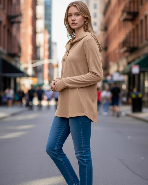 Latte Light Brown Button Neck Hoodie Long Sleeve Top