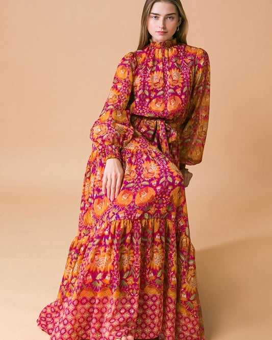 Magenta Orange Mix Floral Print Long Sleeve Maxi Dress