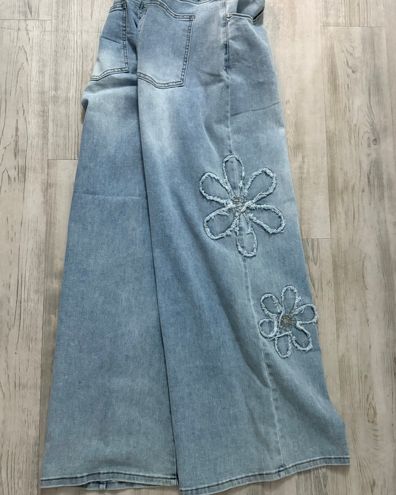 Plus Size Light Wash Flower Embossed Wide Leg Denim Jeans